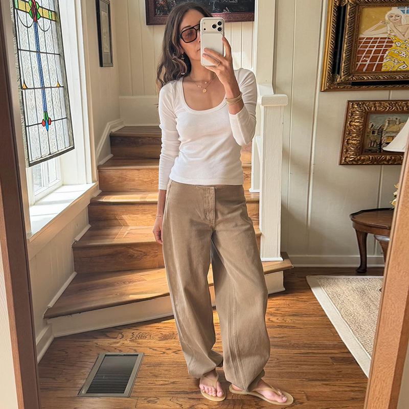 Still Here Khaki Low-Rise Denim Straight-Leg Pants, No Waistband, Invisible Zipper, Can Be Cuffed at the Ankles