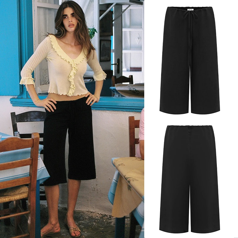 With Jean Black Drawstring Wide-Leg Pants, Elastic Waist, Loose Straight-Leg Casual Lazy Cropped Pants