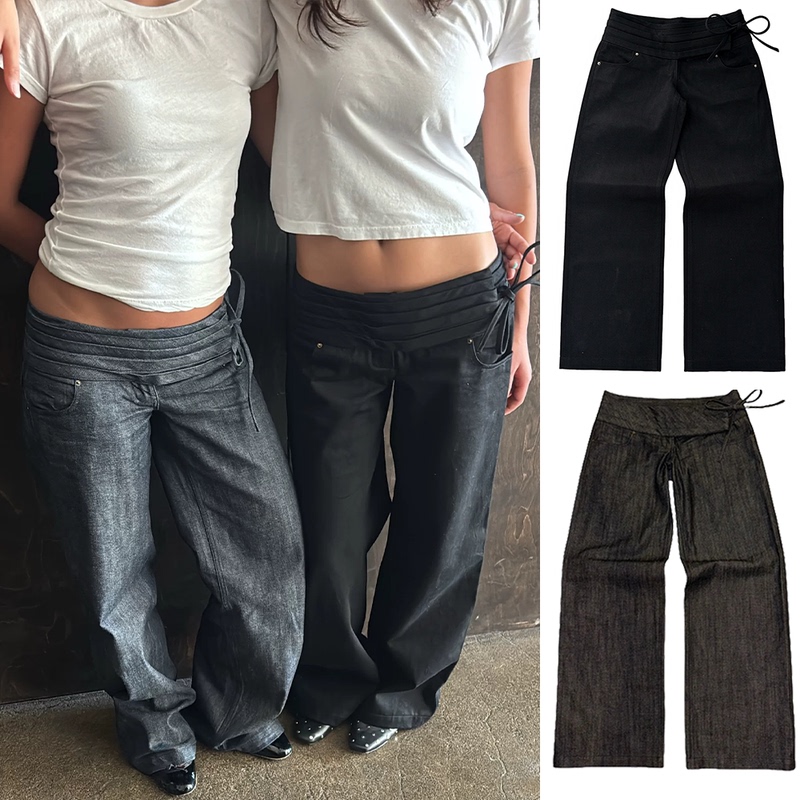 Euozvan Black Charcoal Gray Low-Waisted Wrap-Around Side-Tie Design Casual Versatile Floor-Length Jeans