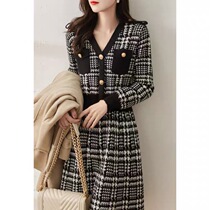Boo Pala black and white plaid dress autumn and winter New temperament V collar retro buckle waist a stretch knit skirt