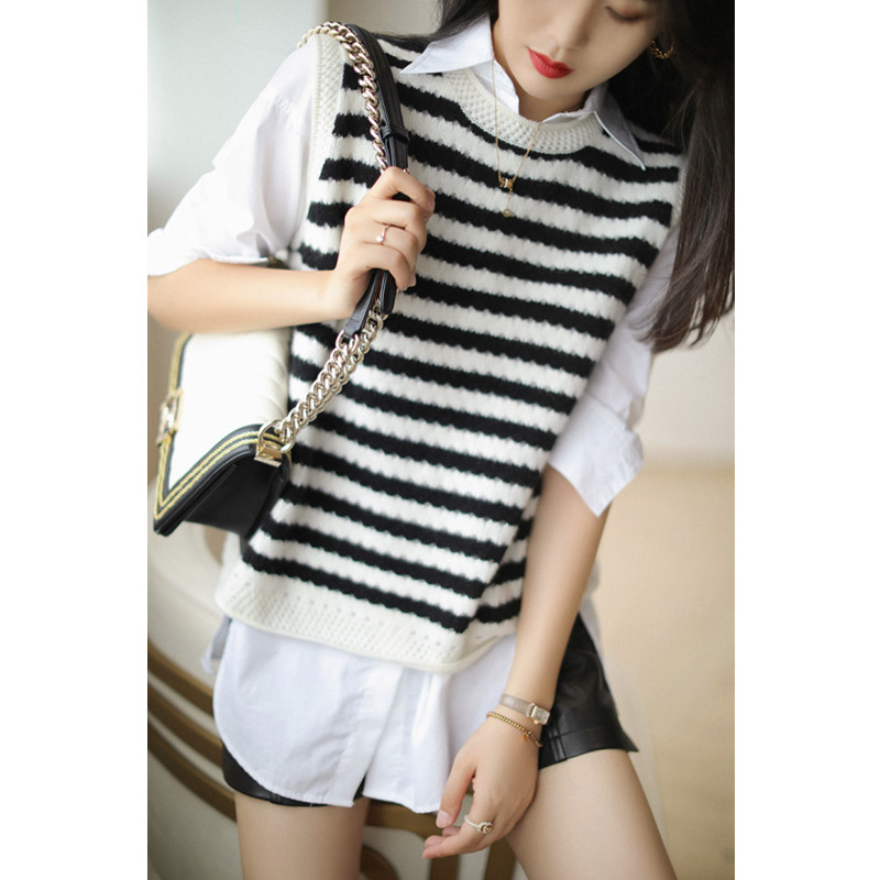 Boo Pala Cashmere Cashmere stereo crocheted black and white round neck sleeveless knitted vest