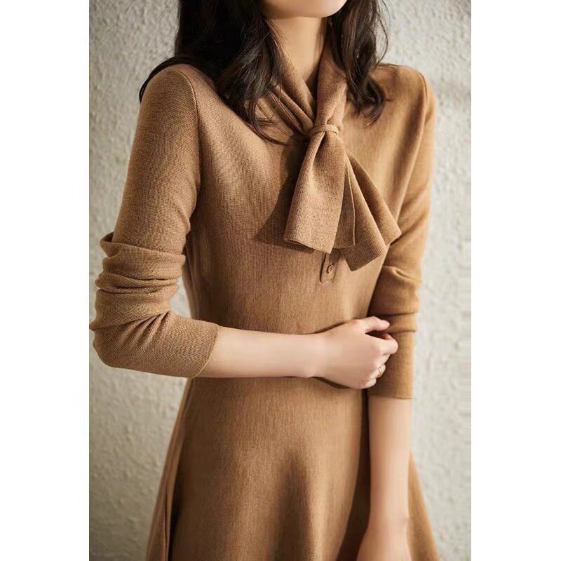 Boo Pala bow midi skirt 2021 autumn and winter new slim fit and slim 100% pure wool knitted dress - Taobao