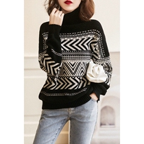 Boo Pala warm and comfortable vintage color jacquard turtleneck shoulder sleeves 100% all wool knitted sweater
