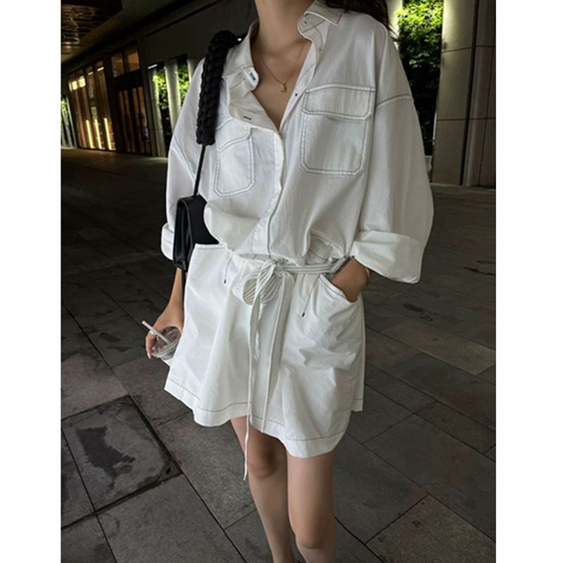 White Workwear Jumpsuit for Women, High-End Feel, 2025 Summer and Autumn New Korean Style, Loose Long-Sleeved One-Piece Shorts