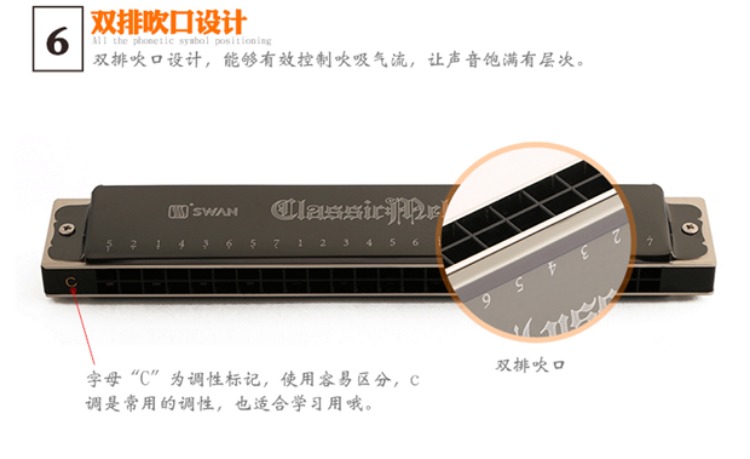 Swan Harmonica 24 lỗ đa âm C chuyên nghiệp chơi người lớn ABDEFG giai điệu cho người mới bắt đầu học sinh nhạc cụ - Nhạc cụ phương Tây guitar điện fender