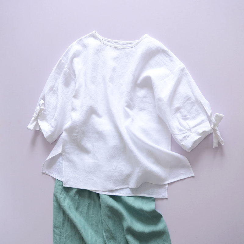 Predawn ultra-simple medium long version loose round collar middle sleeve hooded sweatshirt white linen T-shirt female blouse soft French numb