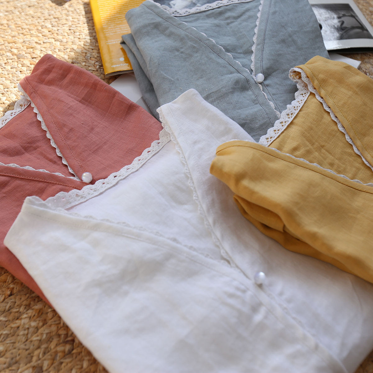 Shallow water France linen lace V collar pure color 70% sleeves blouse washed with soft loose medium long hooded blouse