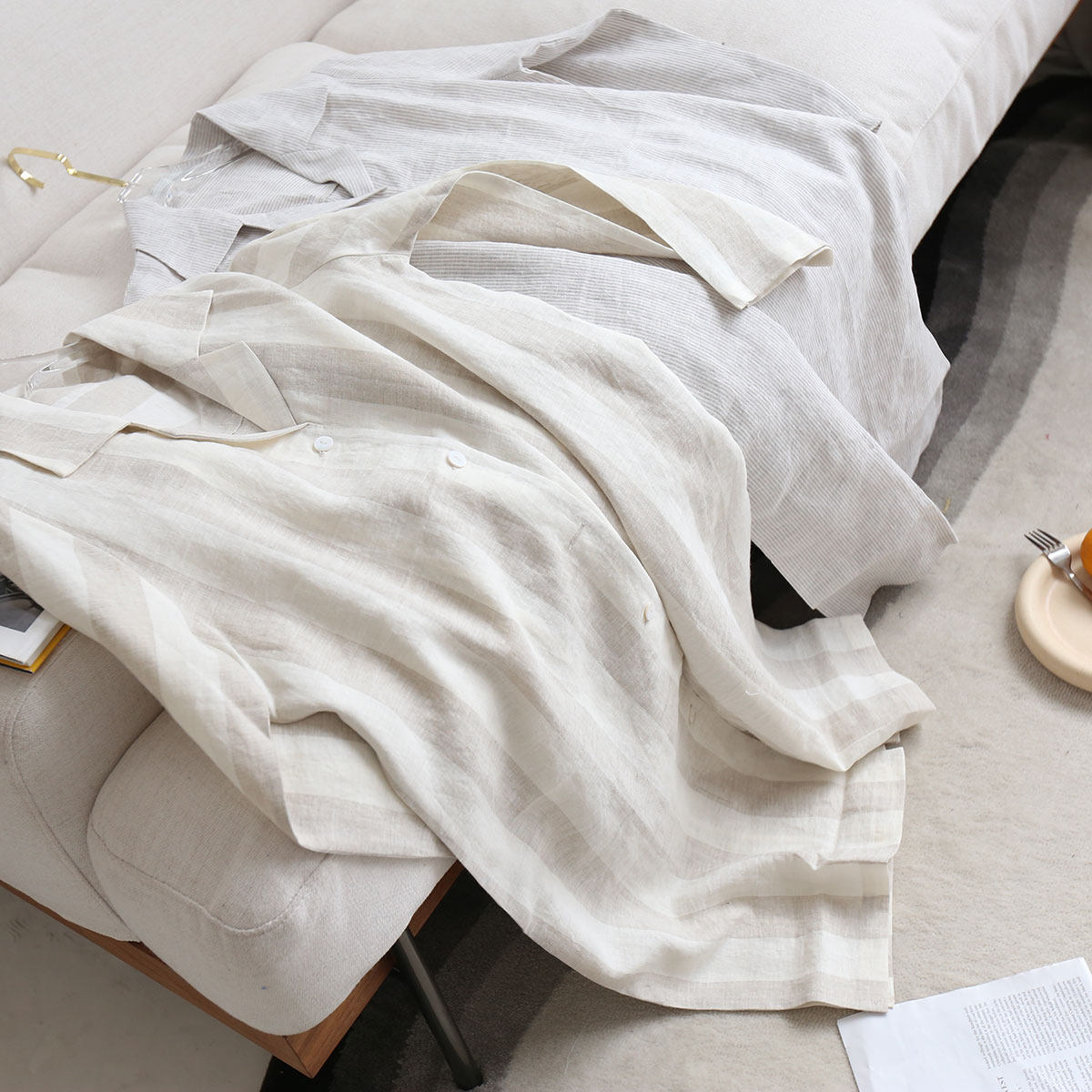 Night Brigade France Pure Linen Medium Long Version Shirt Striped Loose home Clothing Extractable New Tide Ocean Dress Hooded Sweatshirt