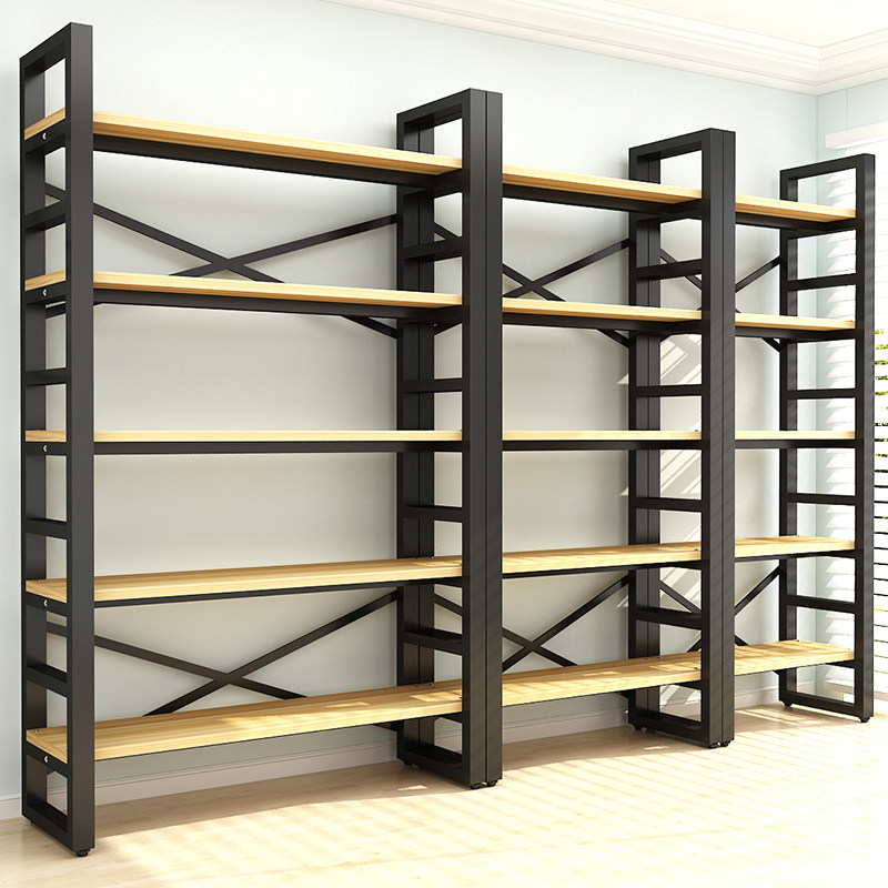 Bookshelf floor-to-ceiling simple multi-layer shelf Living room Wrought iron steel wood shelf Simple bookcase storage display shelf