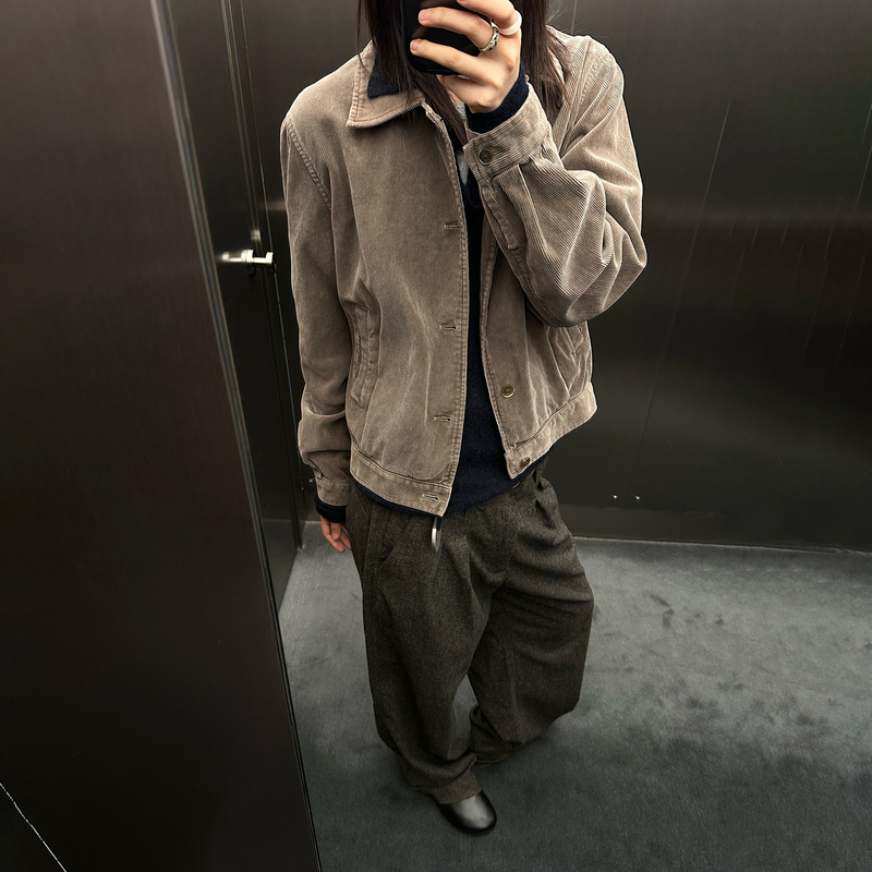 Aurale Melard Olive Brown Corduroy Jacket Washed and Distressed Vintage Short Wide Lapel Pleated Coat Aurale Melard Olive Brown Corduroy Jacket Washed and Distressed Vintage Short Wide Lapel Pleated Coat