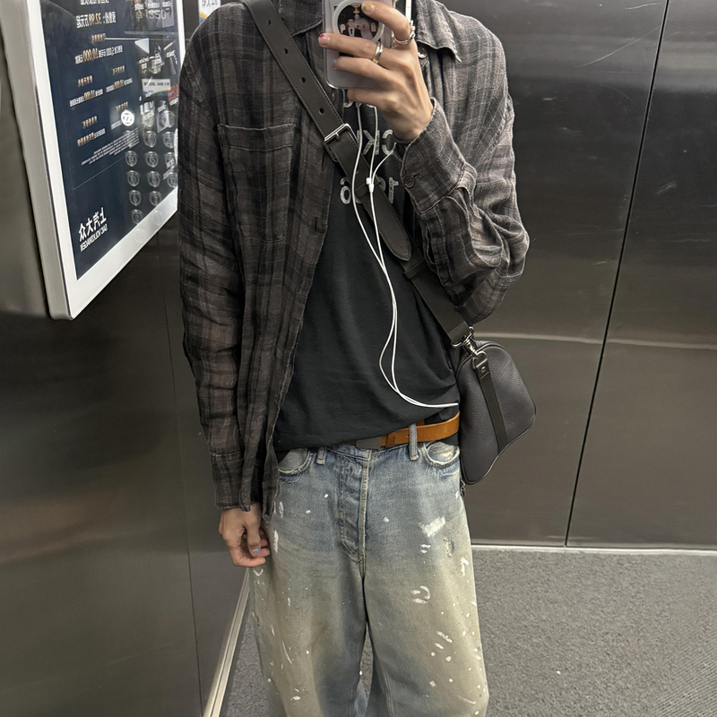 Ol Style Black and Gray Cotton and Linen Plaid Shirt, Casual, Loose, Lazy Style, Lightweight, Sun-Protective, Long-Sleeved Shirt, Unisex Ol Style Black and Gray Cotton and Linen Plaid Shirt, Casual, Loose, Lazy Style, Lightweight, Sun-Protective, Long-Sleeved Shirt, Unisex