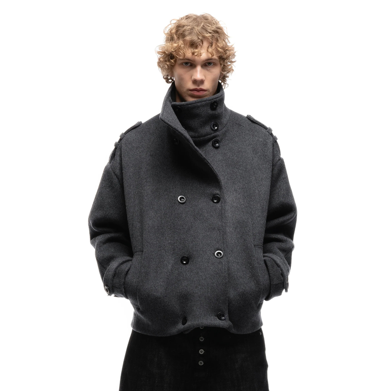 No Faith Studios Double-Breasted Stand-Collar Navy Jacket Double-Sided Wool Coat Boxy Long-Sleeve Coat No Faith Studios Double-Breasted Stand-Collar Navy Jacket Double-Sided Wool Coat Boxy Long-Sleeve Coat
