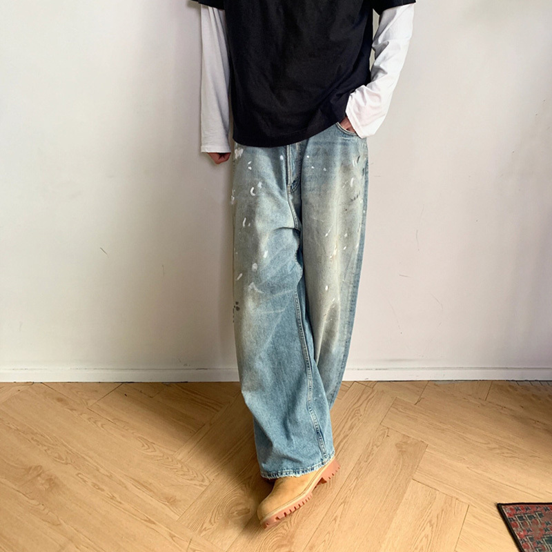 Ac Style 24Ss Baggy Hand-Painted Mud-Dyed Distressed Jeans Casual Straight-Leg Mid-High Waist Ripped Long Pants