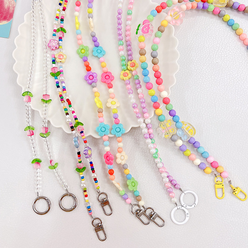 Candy-colored beaded crossbody chain phone case lanyard charm pendant colorful flower women's bag shoulder strap chain