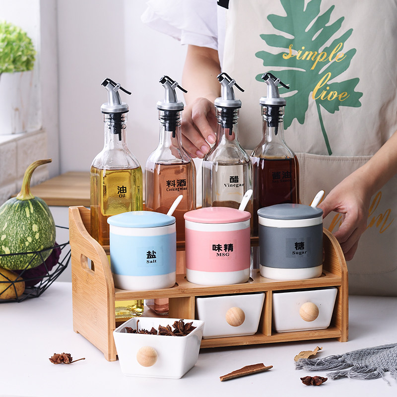 Nordic Ceramic Seasoned Jar Bottle Glass Oil Bottle Salt Jars MSG Kitchen Seasoning Box Combinations Suit Home Containing Box