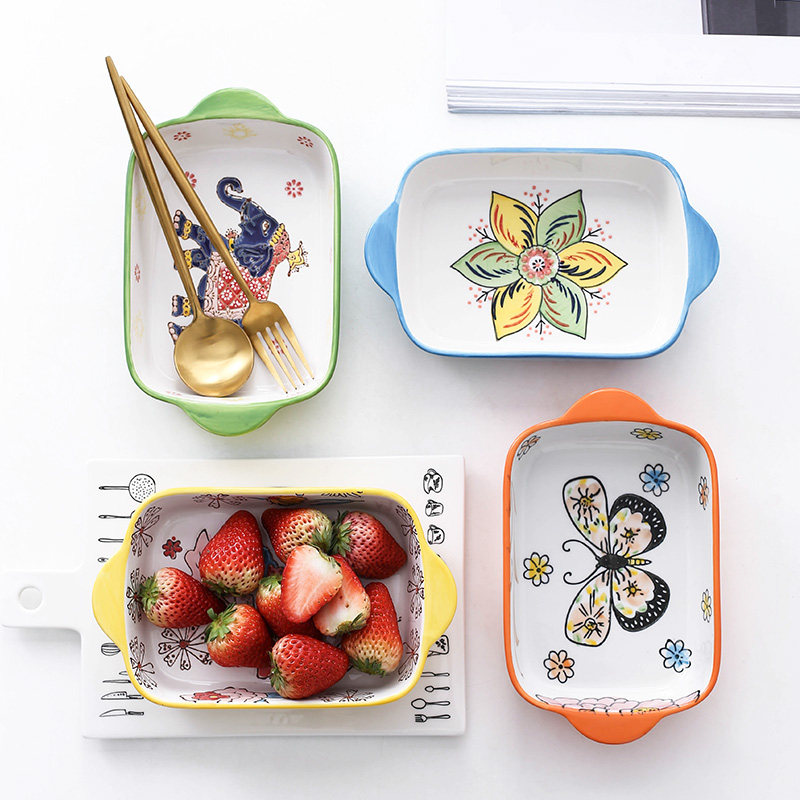 Microwave dishes Ceramic Baking Baking Trays Double-ear hand-painted dishes Home baking bowls Baking Rice Trays Cheese sissy dishes