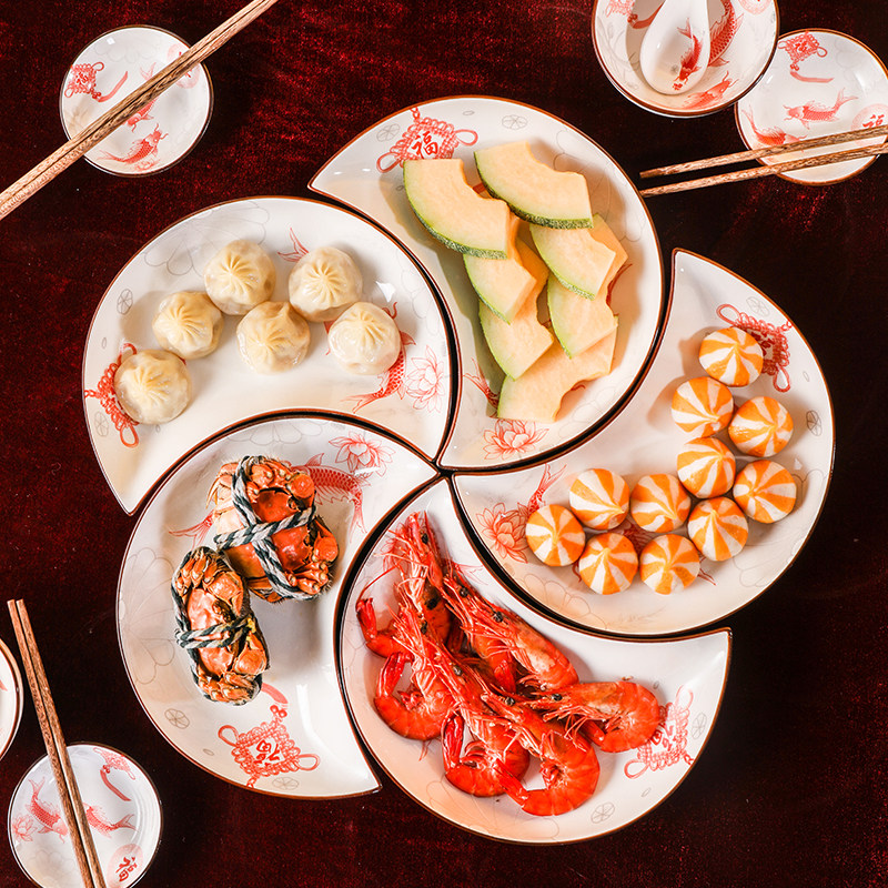 Ceramic Parquet Combined Mesh Red Polynic Plate Creative Moon Plate Suit Home Day Style Cutlery Dish Chopsticks