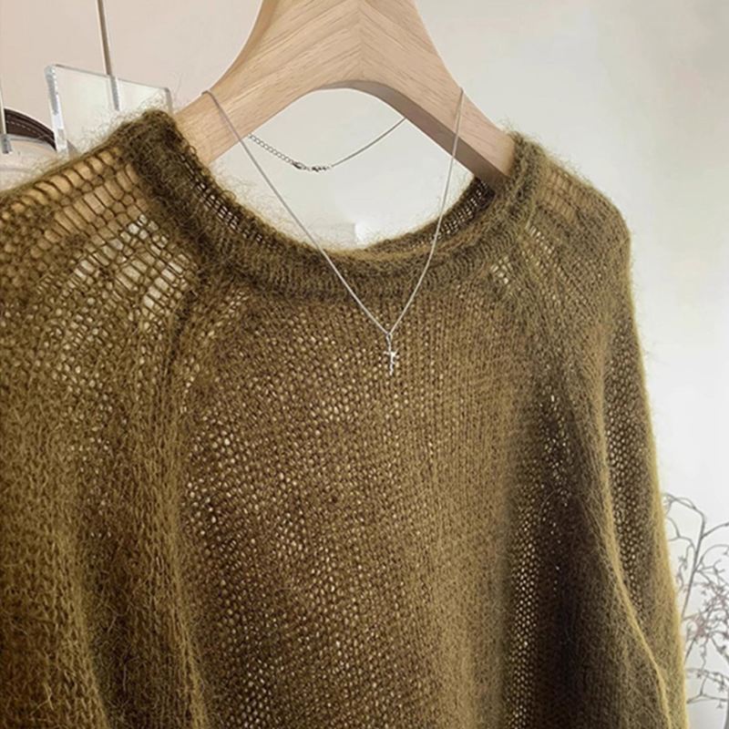 Olive Green Mohair Knit Sweater for Women, Autumn and Winter, Vintage, High-End, Loose, Casual, Inner Layer Top, Base Sweater Olive Green Mohair Knit Sweater for Women, Autumn and Winter, Vintage, High-End, Loose, Casual, Inner Layer Top, Base Sweater