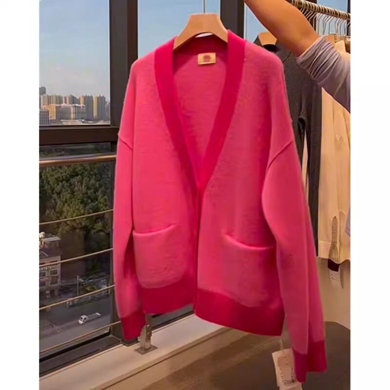 Dopamine Raspberry Pink V-Neck Knitted Cardigan for Women, Spring and Autumn, Loose, Lazy Style, Relaxed Sweater Jacket Top