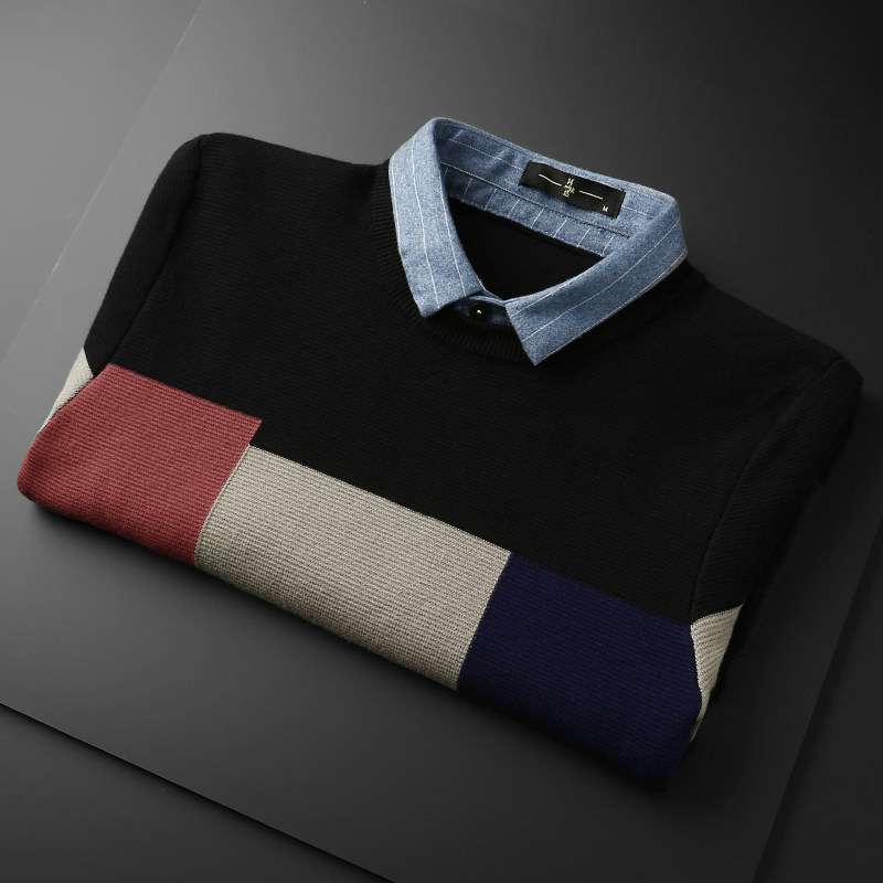 Fake two-piece sweater men's Korean version loose plus velvet collar bottoming shirt fake two-piece shirt collar sweater autumn and winter