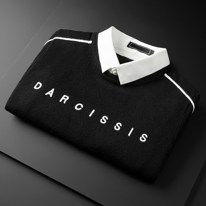 Fake two-piece sweater male shirt collar knit cardiovert bottom warm with false collar long sleeves thick loose trend autumn and winter