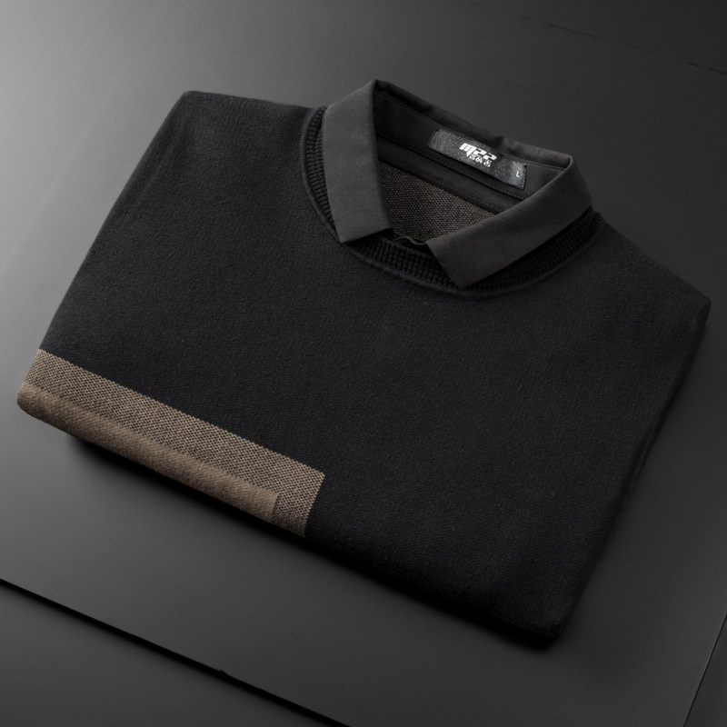 Fake two-piece sweater male trend Korean version shirt collar knit undershirt new winter blouse men's fake two sets