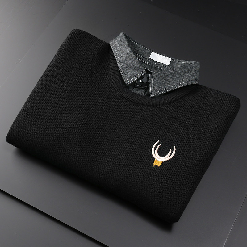 Fake two sweater men's Korean version Winter new trends with collar needlework Men's personality Embroidered Casual Inner lap