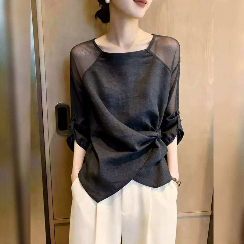 Black Mesh Spliced Three-Quarter Sleeve Shirt for Women, New Summer Design, Slimming, Relaxed, Tie-Up, Elegant Top Black Mesh Spliced Three-Quarter Sleeve Shirt for Women, New Summer Design, Slimming, Relaxed, Tie-Up, Elegant Top