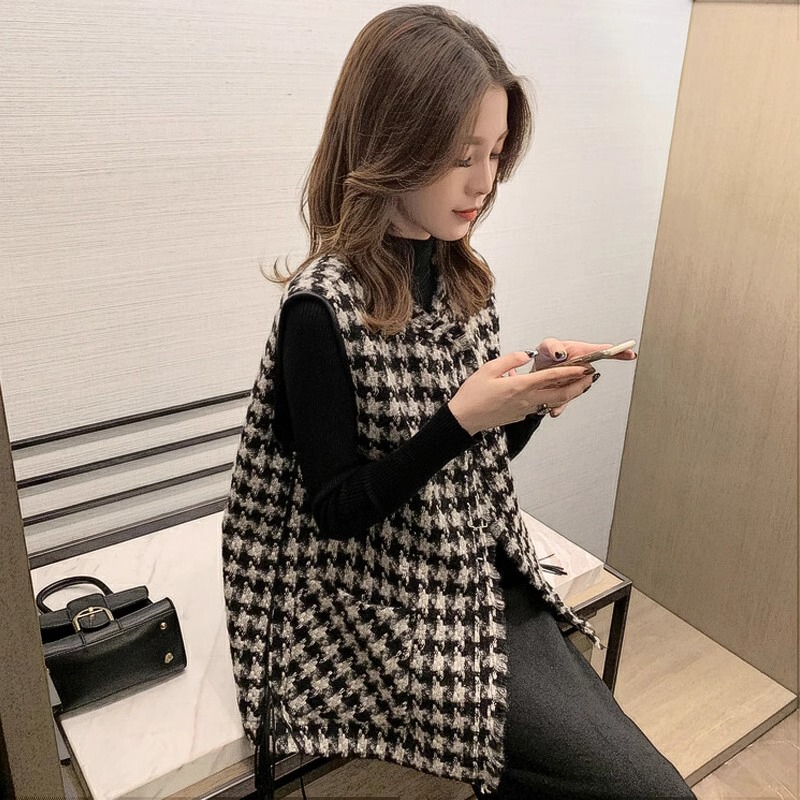 European Style Houndstooth Vest for Women, Autumn and Winter, French Light Luxury, Chanel Style, Loose Casual Woolen Vest Jacket