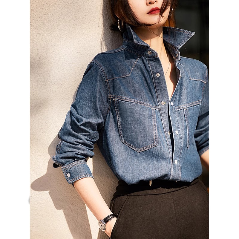 フレンチカジュアルデニムシャツジャケットレディース春デザインニッチレイヤードシャツルーズスリムウォッシュトップ