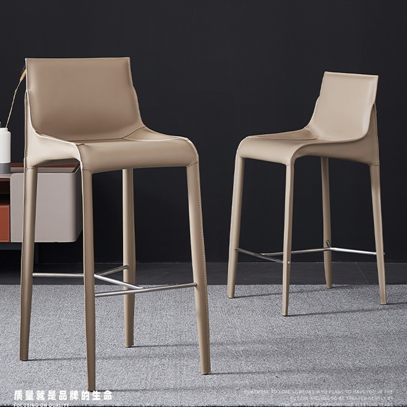 Willy-style minimalist saddle leather bar bench designer Style Home High Footrest Bar Superior Sense Light Luxury Bar Stool-Taobao