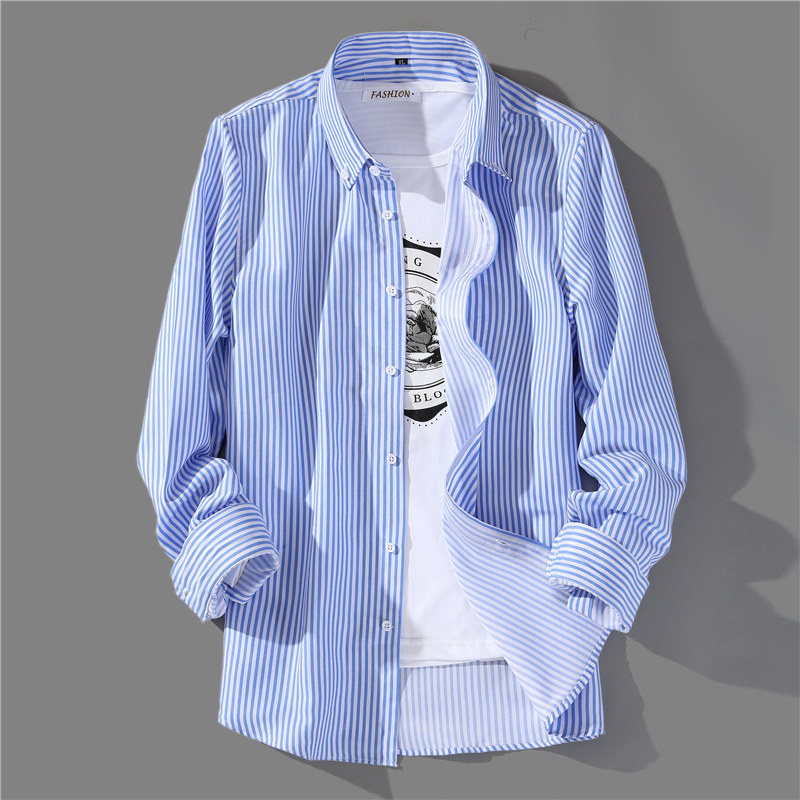 Long-Sleeved Blue and White Striped Shirt for Men, Thin Ice Silk Casual Shirt, Summer Men's Blue Non-Iron Shirt, Sun Protection