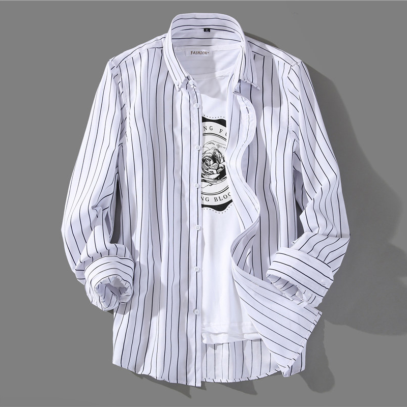 Long-Sleeved Black and White Striped Shirt for Men, Thin Ice Silk Breathable, Wrinkle-Free, Non-Iron Men's Shirt, Summer Outerwear Top