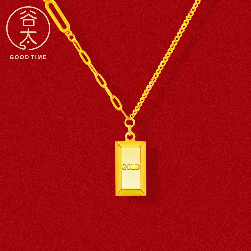 Gutai 999 full gold rich small gold bar necklace female pure gold small gold brick necklace gold small square brick pendant new style