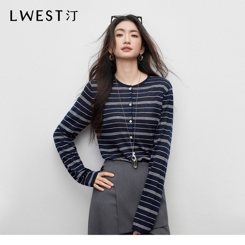 Langwensting Striped Knitted Cardigan for Women 2026 Spring New Miu Style Outfit Round Neck Straight Casual Top