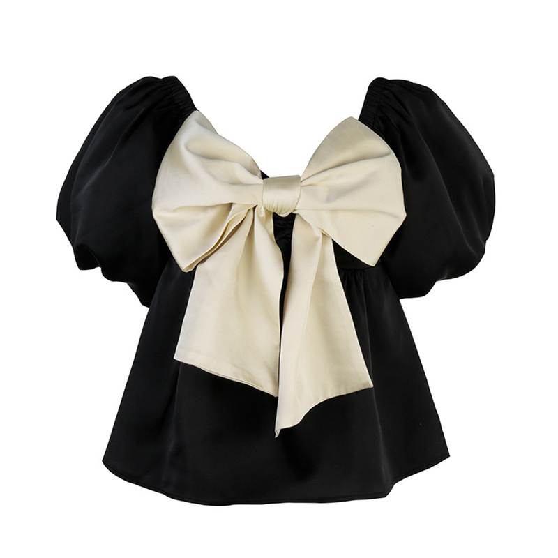 Chikane Runaway Princess French Black Puff Sleeve Shirt Women's Slimming Babydoll Top with Bow Short Top