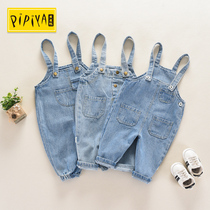 Baby bib pants Denim childrens pants Childrens spring clothing Mens and womens childrens pants 0-2 years old baby bib jeans 3