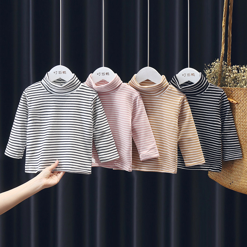 Girl gush with undershirt autumn winter clothing Children's T-shirt High collar striped blouses Thickened Warm Female baby Long sleeves