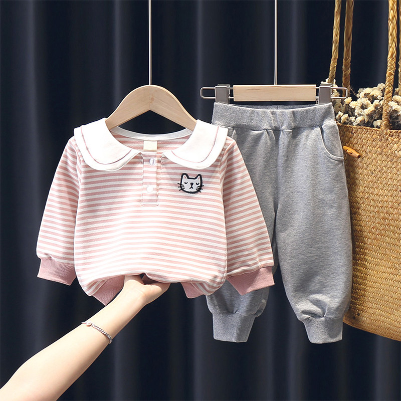 Girl Autumn Clothing Suit 2022 New Ocean Style Spring Autumn Children Women's Striped Children's Sweatshirt Two Sets Of Nets Red