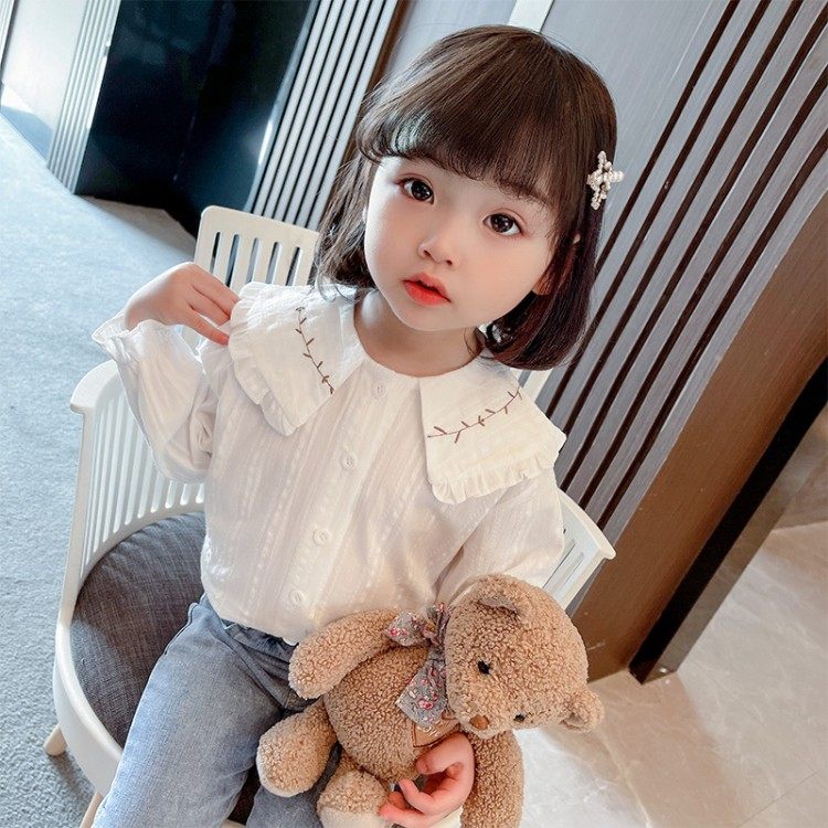 Girl Shirt Spring Autumn Pure Cotton White Long Sleeve Han Edition Foreign Pie Plus Suede Children Spring shirt dolls collar female baby