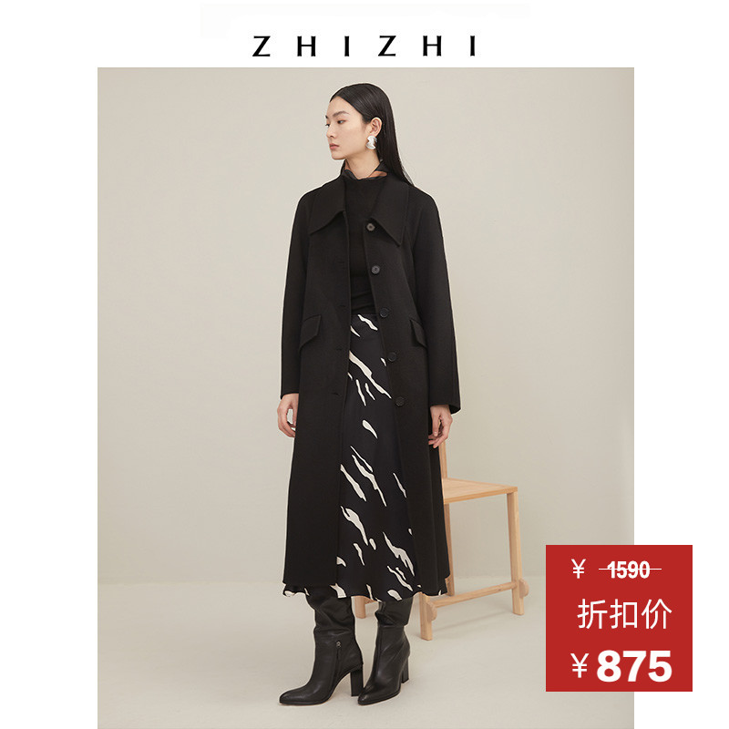 ZHIZHI ZHIZHI autumn smoke double-sided cashmere blended wool coat women's long 2020 new temperament black