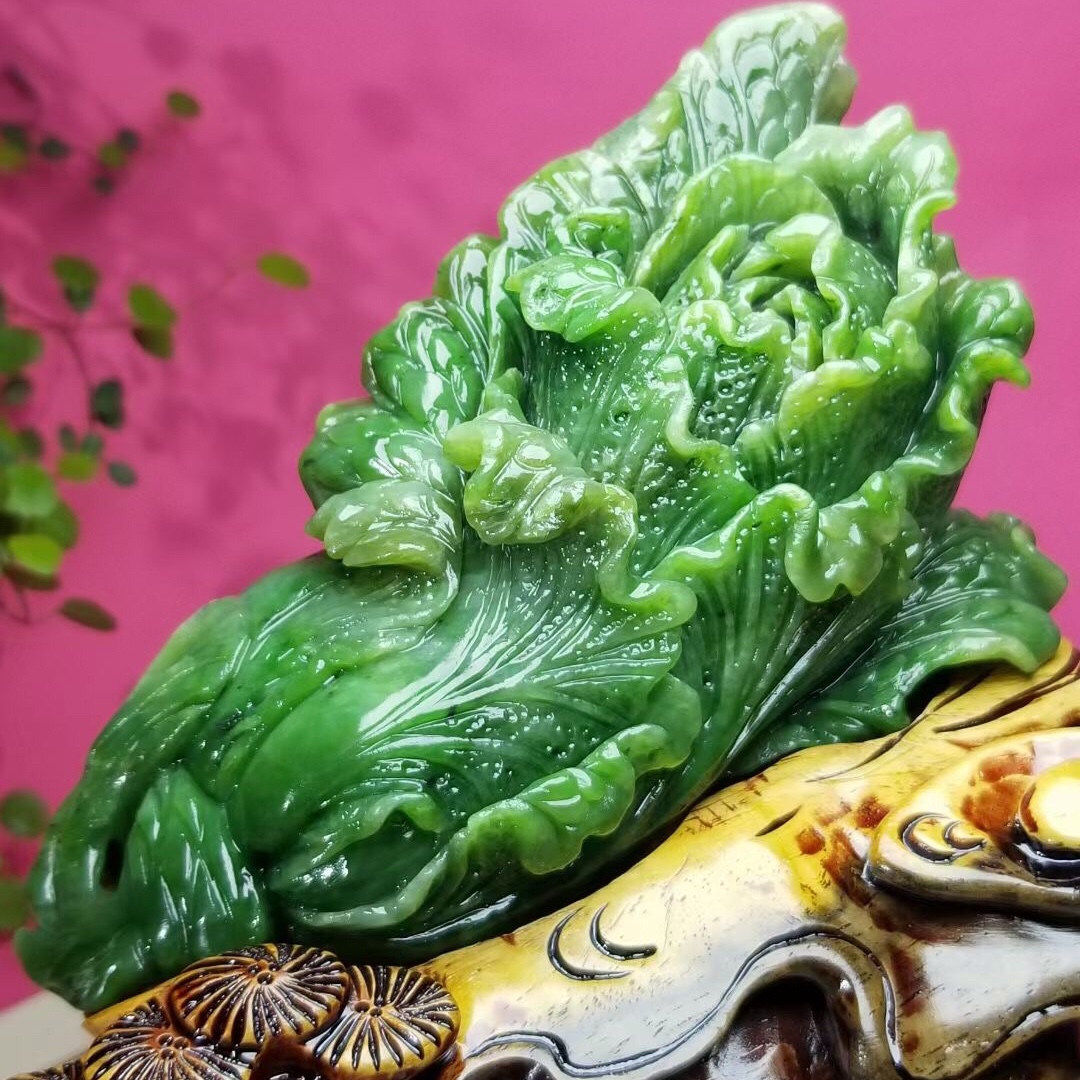 新货纯天然俄料和田玉菠菜绿碧玉白菜摆件带证书