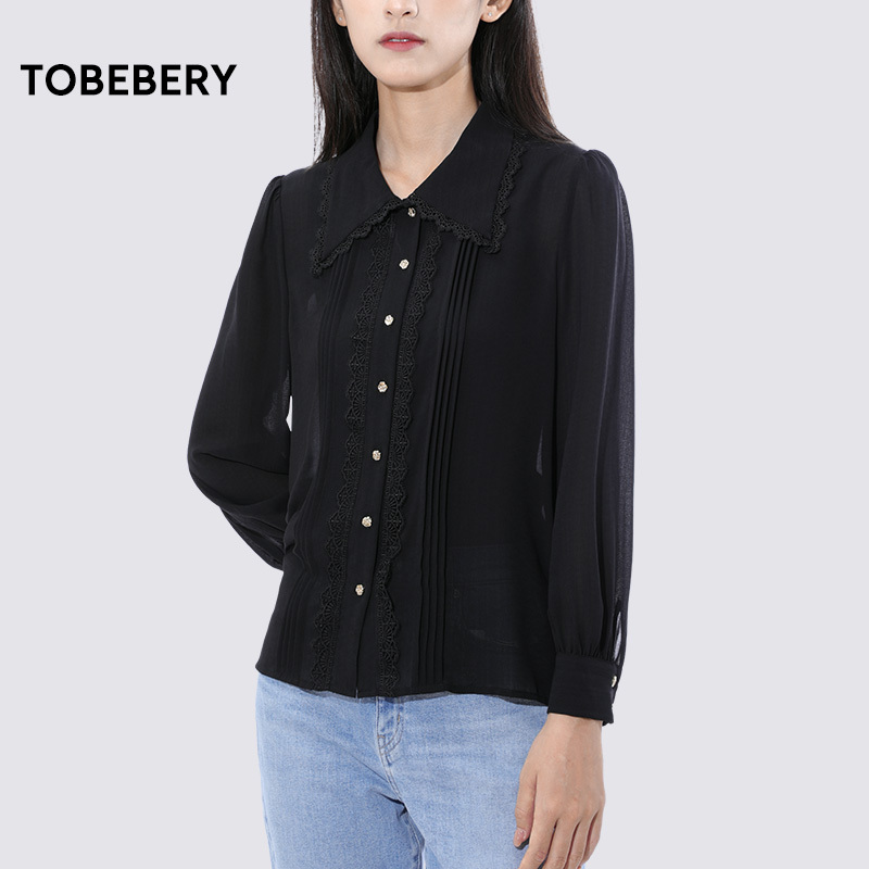 【Xiaowen Sisters X Shenzhen Tob】French-Style Mature Long-Sleeve Shirt for Women, Niche Patchwork Lace Black Top