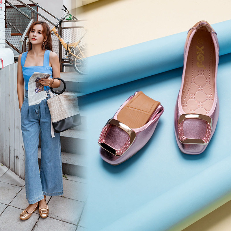 2021 spring new women shoes shallow mouth flat bottom single shoe square head low heel Korean version water drill ladyshoe soft egg roll shoes