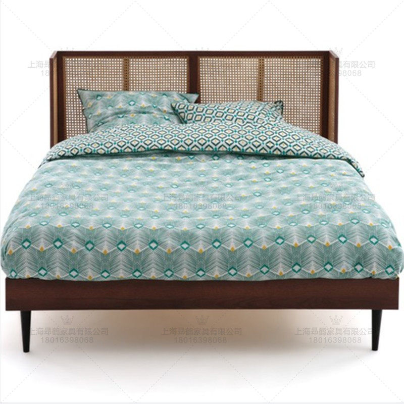 American vintage rattan single double bed Southeast Asian style B&B master bedroom wedding bed log 1.8m bedside table combination