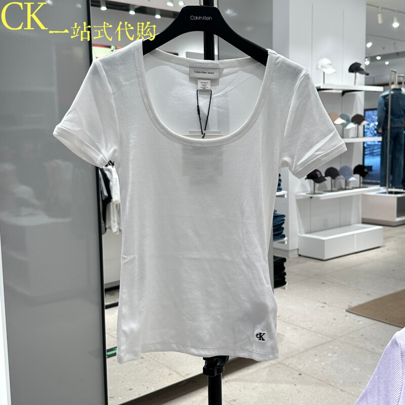 Calvin Klein/Ck Jeans Women's Sexy U-Neck Embroidered Short-Sleeved T-Shirt 47F286G Tag 650 Calvin Klein/Ck Jeans Women's Sexy U-Neck Embroidered Short-Sleeved T-Shirt 47F286G Tag 650