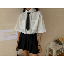 BLACK homemade short sleeve shirt Women solid color loose Korean version 2021 summer drawstring tie shirt shirt top