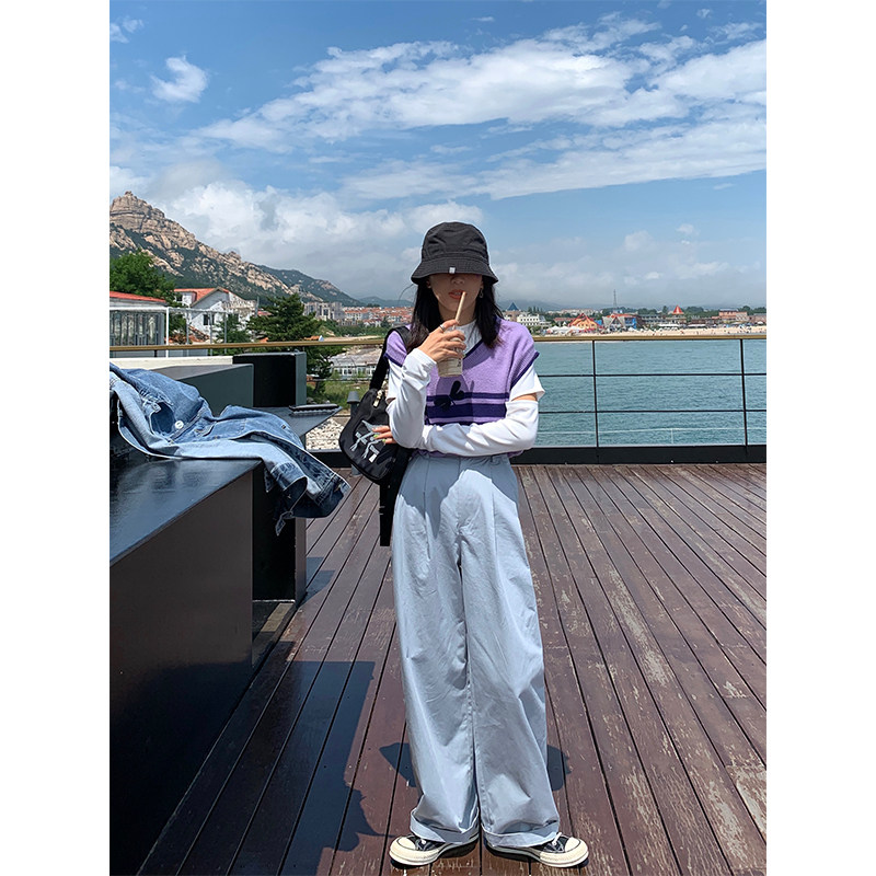 (Spot) BLACK Homemade Casual Pants Women's 2022 New Loose Straight Wide Pants Korean Hanging High Waist