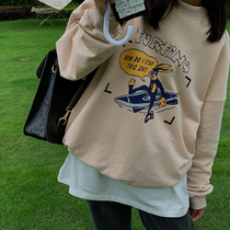 Spot BLACK homemade bf wind round neck sweater female 2021 spring cartoon printing new ins tide long sleeve pullover