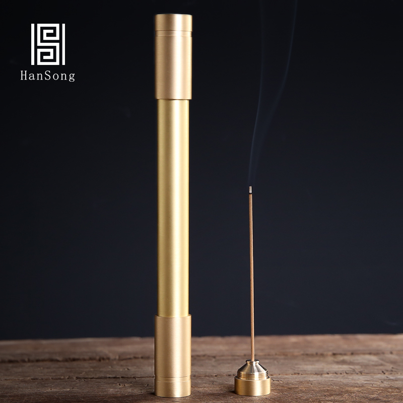 Pure copper incense tube household line incense plug household portable incense tube gold hoop rod copper horizontal incense tube long version of the incense barrel